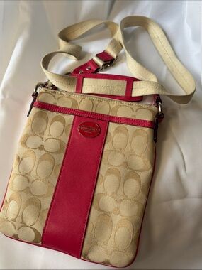 Coach Beige Signature Crossbody with Pinkish Red Leather Trim